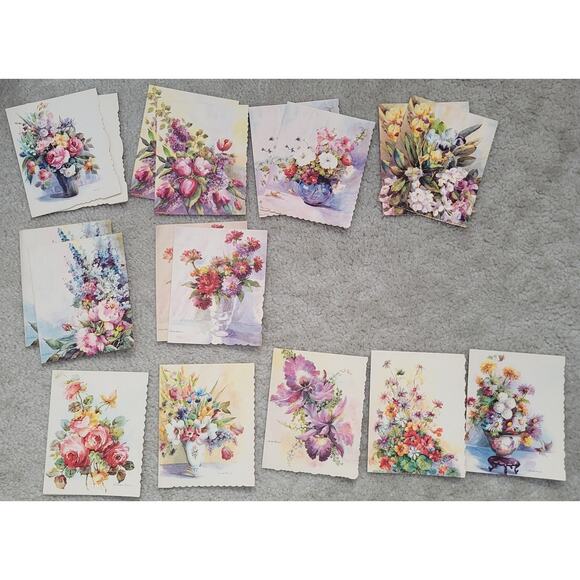 1950s Floral Note Cards Scalloped Edge w/ Envelopes Lillian Grow almost full set - Picture 1 of 10